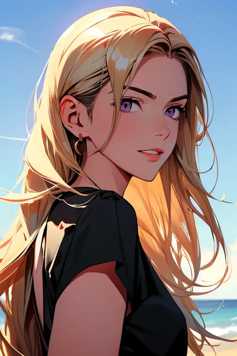 bishamon from noragami, ((garota de anime sentada com a praia ao fundo)), a garota do anime está agachada, com cabelo loiro, perfect cabelos dourados girl, o anime em destaque de hoje ainda, cabelos loiros, cabelos dourados compridos, cabelos esvoaçantes, ...