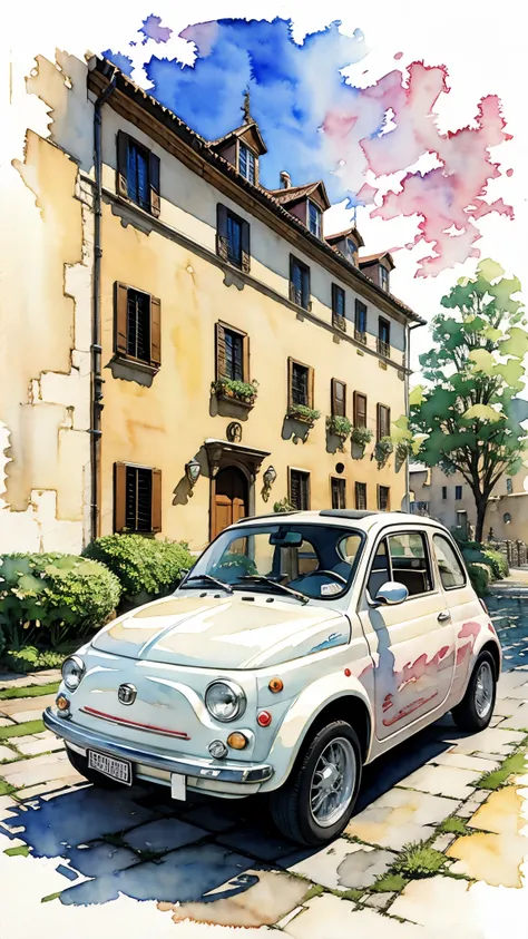 (masterpiece:1.2, Highest quality),(Very detailed),(((watercolor))),8K,wallpaper,Cream-colored Fiat 500,Castle of Cagliostro,moon,(((Ghibli style))),透明watercolor