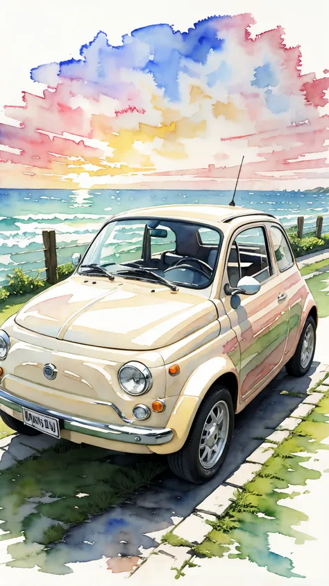 (masterpiece:1.2, highest quality),(very detailed),(((watercolor))),8k,wallpaper,a cream-colored fiat 500 driving along the seas...