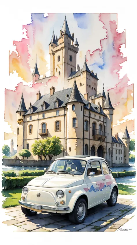 (masterpiece:1.2, Highest quality),(Very detailed),(((watercolor))),8K,wallpaper,Cream-colored Fiat 500,With the castle in the background,Night Sky,(((Ghibli style))),透明watercolor