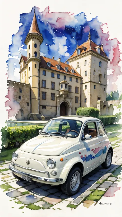 (masterpiece:1.2, highest quality),(very detailed),(((watercolor))),8k,wallpaper,cream-colored fiat 500,with the castle in the b...