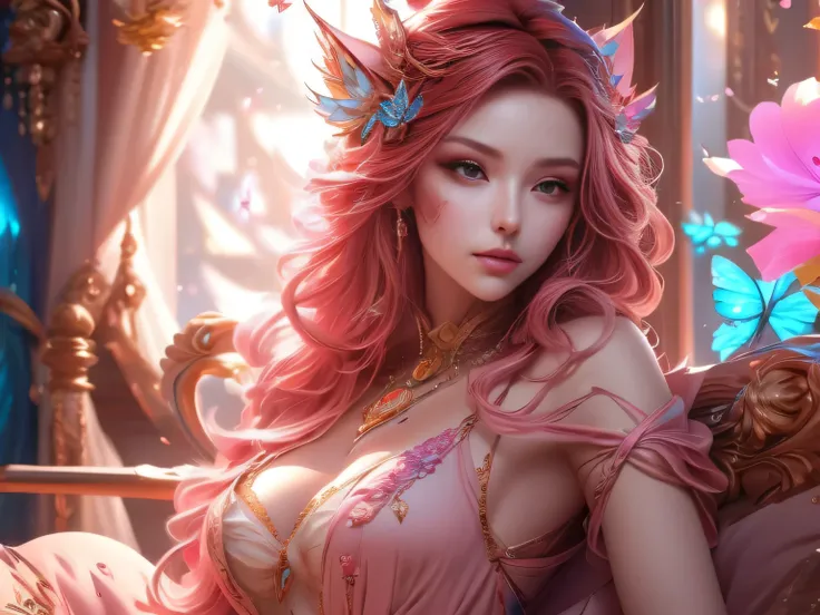 (Best Quality, 8K, Masterpiece, HDR, Soft Lighting, Picture Perfect, Realistic, Vivid), Cat Girl (1.0), Cat Girl with Red Hair and brown eyes and Sexy Revealing Clothes, Pink Bodysuit with Glitter Texture, Beautiful Anime Fantasy, Very beautiful and cute c...