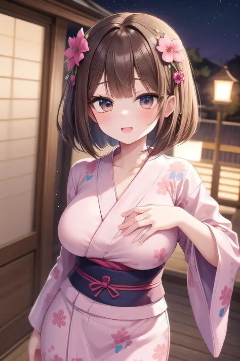 solo girl, 20 years old,cowboy shot,dynamic pose,bob cut hair,short hair,brown hair,brown eyes, medium breast,happy,laugh,pink yukata,flower hair Accessories,night,shrine,insanely detailed, absurdres, ultra-highres, ultra-detailed, best quality, slender, k...