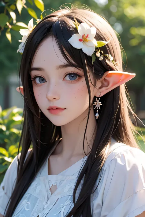 (water colour: 1.2), elf princess, flowers, freckles, bangss, redheadwear, long hair, greeneyes, hair between the eyes, flowers earrings, nblurry background, high resolution  