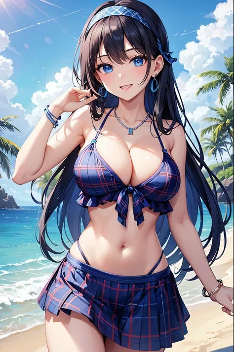 Highest quality、Highest quality、masterpiece、(8K),Beauty(Age 25)、Navy blue long hair、blue eyes、Sexy Bikini(Plaid)、Big cleavage、(Big Breasts)、smile、blue necklace、Blue Earrings、background(Beach)、Please open your mouth wide、White headband、bracelet、Dynamic pose