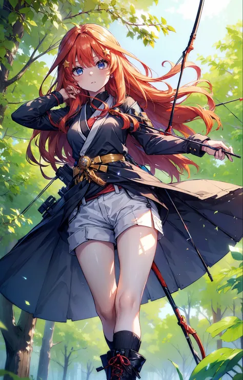 itsukinakano, itsuki nakano, bangs, blue eyes, Hair between the eyes, Redhead, star (symbol), hair ornaments, star hair ornaments,Long Hair,Owns an archery grip in the right hand,Carrying an archery bag,He has a quiver on one side, boots, Cape,gloves, red ...