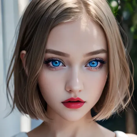 (best quality, 4k, Masterpiece, ultra detailed, hyperrealism, RAW quality), The face of the most beautiful young girl, the most beautiful face ever created, blue-eyed princess, seductive look, ultra-detailed pupil, captivating, clean, perfect, bob cut, ash...