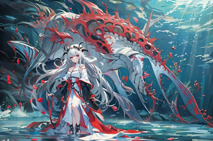 panoramic, (Deep sea diving style), (biggest Deep Sea Creatures) and (one girl), (10 yo silver hair long hair alluring girl, detailed red eyes), in a white robe, (Drifting in the deep sea), break, (in the deep sea, background a darkness sea), BREAK, perfec...