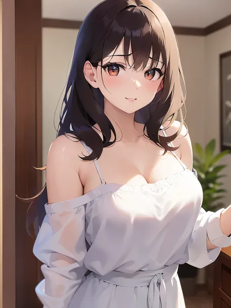 Realistic, real person, (pale skin: 1.2), upper body, RAW photo, photorealistic, shiny skin, shiny hair、(A 35-year-old woman with medium-length hair and bangs) and (wavy hair) and (brown hair) and (Orange Eyes) , (white) and (off shoulder blouse)、Cleavage、...