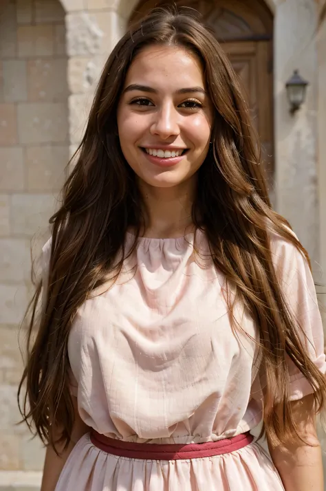 a photo-realistic portrait of a beautiful Palestinian woman with long brown hair, pink dress, white teeth, and a cute smile, with highly detailed and realistic facial features, modest expression, and realistic white skin tone