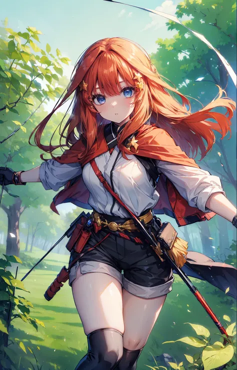 itsukinakano, itsuki nakano, bangs, blue eyes, Hair between the eyes, Redhead, star (symbol), hair ornaments, star hair ornaments,Long Hair,Owns an archery grip in the right hand,Carrying an archery bag,He has a quiver on one side, boots, Cape,gloves, red ...