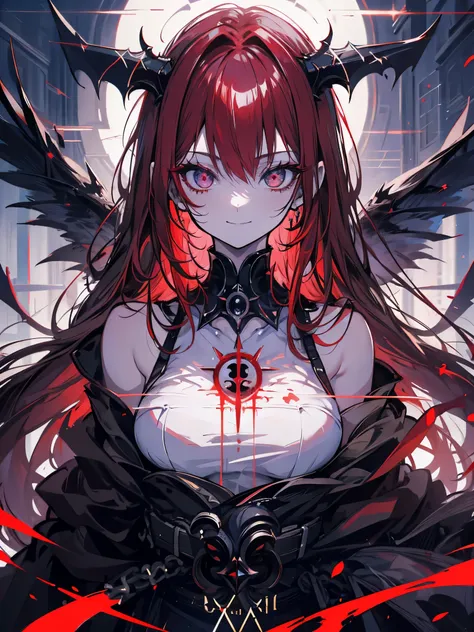 princess of darkness with eyes of blood, red hair, tails, evil smile, anime styling, lens flare, high détail, first person view,...