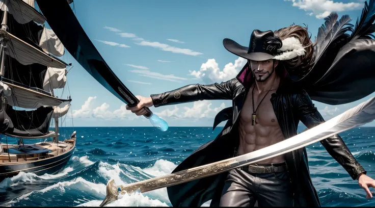 masterpiece, best quality, extremely detailed, hyperrealistic, photorealistic, a cool 40s man, ultra detailed face:1.3, black hat with feathers, on detailed yacht, sea, laughing, standing, holding long black sword, dynamic pose
