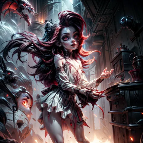 ghost monster high,all childrens vampire hungry,red haired,creepy red eyes,fangs,pale skin,red wine claws,creepy white dress,bed...