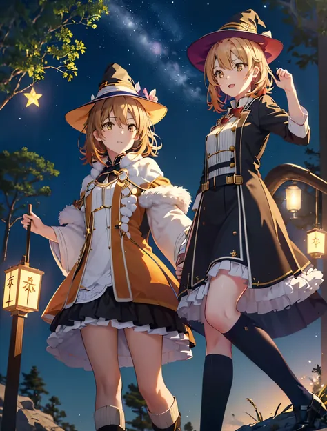 Irohaisshiki, isshiki iroha, short hair, Brown Hair, (Brown eyes:1.5), smile,(colorful glowing lantern),((A night sky filled with colorful and cute creatures)),((Big full moon)),((Sparkling and colorful stars)),Fluffy hair,,Slight red tide,((Brown eyes)),(...