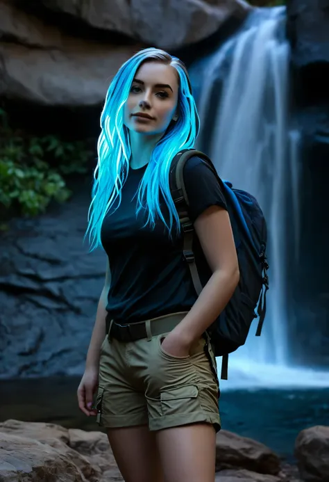 beautiful female, hiking gear, khaki cargo shorts and black tee, backpack, 170lbs, (((pale skin))), wavy hair down to shoulders, blue hrglw, (full body shot:1.5), night, waterfall in background with underwater accent lighting, (glowing_hair:2.0), blue brig...
