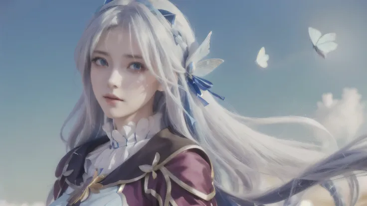 anime girl with long white hair and blue eyes and a butterfly in her hair, 8k high quality detailed art, portrait knights of zodiac girl, detailed digital anime art, 2. 5 d cgi anime fantasy artwork, white haired deity, anime style 4 k, digital anime art, ...
