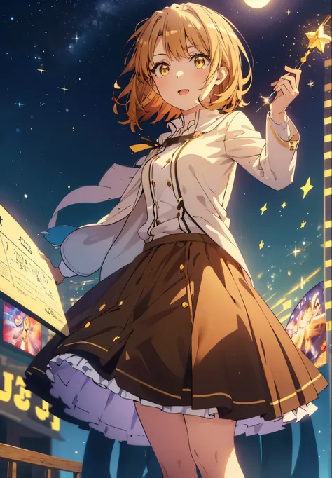 Irohaisshiki, isshiki iroha, Short Hair, Brown Hair, (Brown eyes:1.5), smile,((Night Sky)),((Big full moon)),((Sparkling and colorful stars)),Fluffy hair,((Idol style costume with soft volume)),Long skirt,Pointed shoes,Possessing a jeweled magic wand grip ...