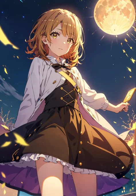 irohaisshiki, isshiki iroha, short hair, brown hair, (brown eyes:1.5), smile,((night sky)),((big full moon)),((sparkling and col...