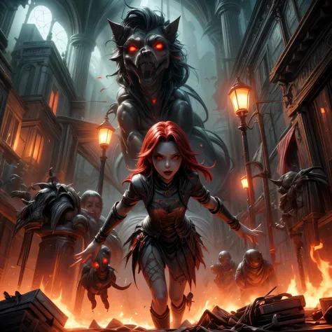 All childrens vampire hungry,red haired,creepy red eyes,fangs,pale skin,red wine claws,creepy white dress,bed,children,vampire,thin body,nice hands,nice fingers,nice legs,nice mouth,nice face,nice body,perfect anatomy,fantasy art 8k,masterpiece,score_9,sco...