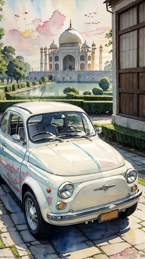 (masterpiece:1.2, Highest quality),(Very detailed),(((watercolor))),8K,wallpaper,Cream-colored Fiat 500,Run through the Taj Mahal
,(((Ghibli style))),透明watercolor