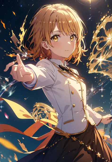 Irohaisshiki, isshiki iroha, Short Hair, Brown Hair, (Brown eyes:1.5), smile,((Night Sky)),((Big full moon)),((Sparkling and colorful stars)),Fluffy hair,((Idol style costume with soft volume)),Long skirt,Pointed shoes,Possessing a jeweled magic wand grip ...