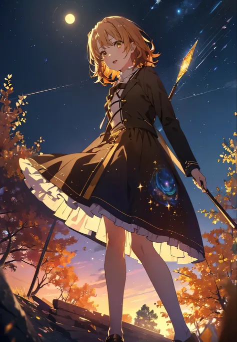 Irohaisshiki, isshiki iroha, Short Hair, Brown Hair, (Brown eyes:1.5), smile,((Night Sky)),((Big full moon)),((Sparkling and colorful stars)),Fluffy hair,((Idol style costume with soft volume)),Long skirt,Pointed shoes,Possessing a jeweled magic wand grip ...