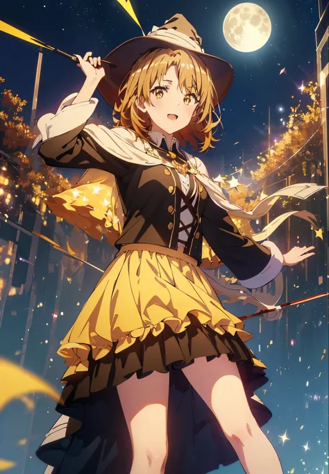 Irohaisshiki, isshiki iroha, Short Hair, Brown Hair, (Brown eyes:1.5), smile,((Night Sky)),((Big full moon)),((Sparkling and colorful stars)),Fluffy hair,((Idol style costume with soft volume)),Long skirt,Pointed shoes,Possessing a jeweled magic wand grip ...