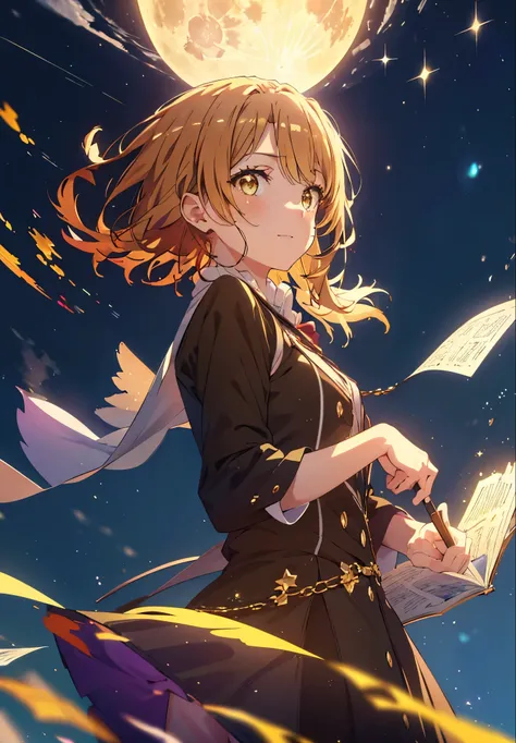 Irohaisshiki, isshiki iroha, Short Hair, Brown Hair, (Brown eyes:1.5), smile,((Night Sky)),((Big full moon)),((Sparkling and colorful stars)),Fluffy hair,((Idol style costume with soft volume)),Long skirt,Pointed shoes,Possessing a jeweled magic wand grip ...