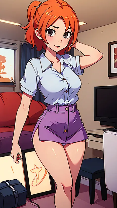  a teenage girl sexy attractive beautiful cool popular short orange hair disheveled cut light red lip wears long light blue button shirt sensual curves and a short purple miniskirt pair short blue socks legs white heel she walking living room class