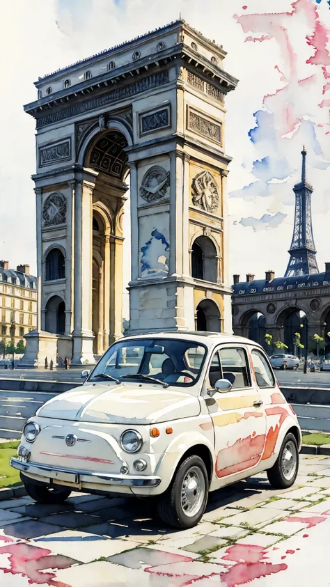 (masterpiece:1.2, Highest quality),(Very detailed),(((watercolor))),8K,wallpaper,Cream-colored Fiat 500,Paris,Run through the Arc de Triomphe,(((Ghibli style))),透明watercolor