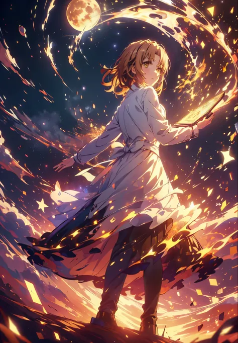 Irohaisshiki, isshiki iroha, Short Hair, Brown Hair, (Brown eyes:1.5), smile,((Night Sky)),((Big full moon)),((Sparkling and colorful stars)),Fluffy hair,((Idol style costume with soft volume)),Long skirt,Pointed shoes,Holding a magic book in his right han...