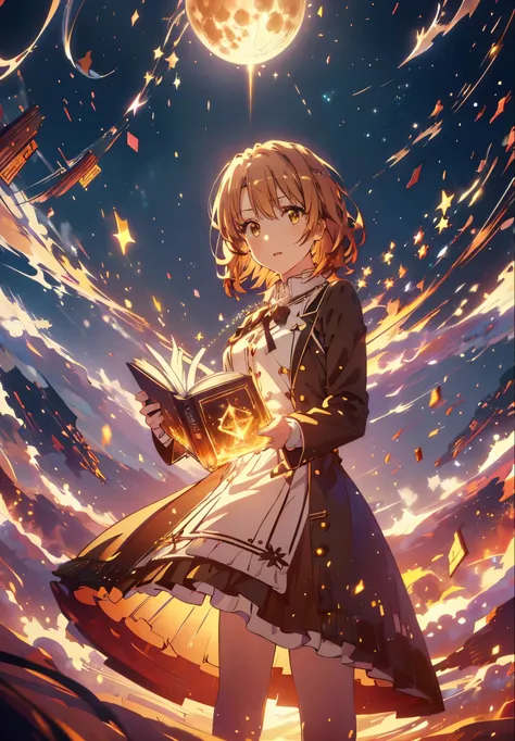 Irohaisshiki, isshiki iroha, Short Hair, Brown Hair, (Brown eyes:1.5), smile,((Night Sky)),((Big full moon)),((Sparkling and colorful stars)),Fluffy hair,((Idol style costume with soft volume)),Long skirt,Pointed shoes,Holding a magic book in his right han...
