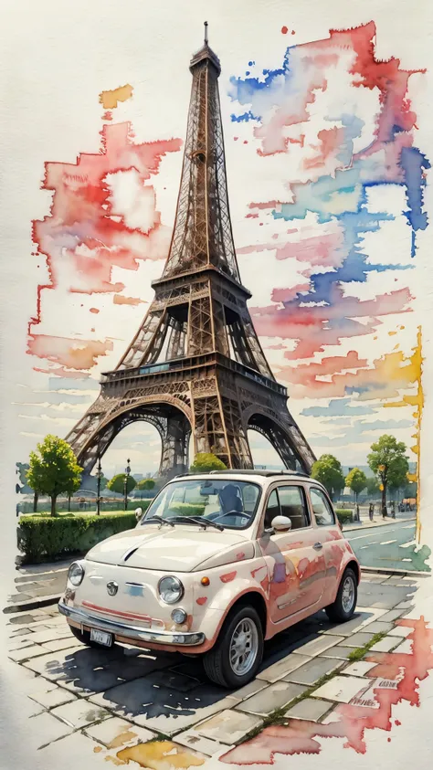 (masterpiece:1.2, highest quality),(very detailed),(((watercolor))),8k,wallpaper,cream-colored fiat 500,france,running the eiffe...