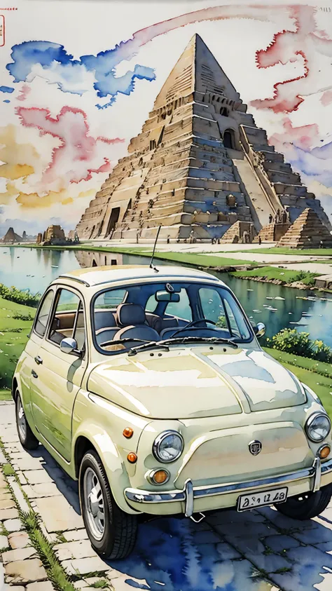 (masterpiece:1.2, Highest quality),(Very detailed),(((watercolor))),8K,wallpaper,Cream-colored Fiat 500,Egypt,Walking alongside the pyramids,(((Ghibli style))),透明watercolor