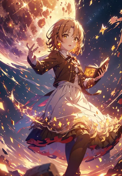 Irohaisshiki, isshiki iroha, Short Hair, Brown Hair, (Brown eyes:1.5), smile,((Night Sky)),((Big full moon)),((Sparkling and colorful stars)),Fluffy hair,((Idol style costume with soft volume)),Long skirt,Pointed shoes,Holding a magic book in his right han...