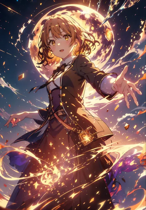 Irohaisshiki, isshiki iroha, Short Hair, Brown Hair, (Brown eyes:1.5), smile,((Night Sky)),((Big full moon)),((Sparkling and colorful stars)),Fluffy hair,((Idol style costume with soft volume)),Long skirt,Pointed shoes,Holding a magic book in his right han...