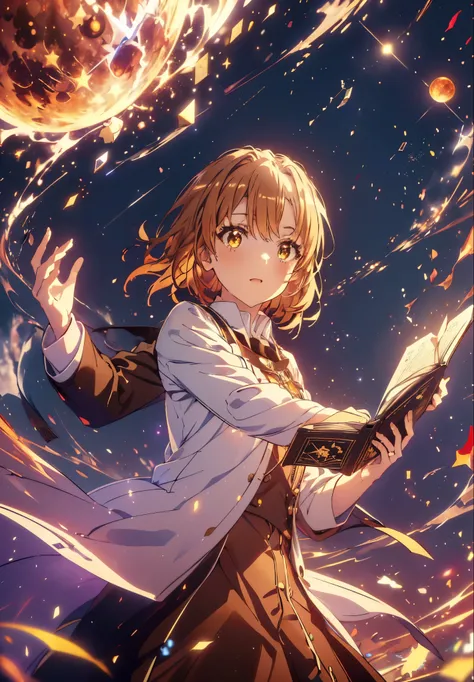 Irohaisshiki, isshiki iroha, Short Hair, Brown Hair, (Brown eyes:1.5), smile,((Night Sky)),((Big full moon)),((Sparkling and colorful stars)),Fluffy hair,((Idol style costume with soft volume)),Long skirt,Pointed shoes,Holding a magic book in his right han...