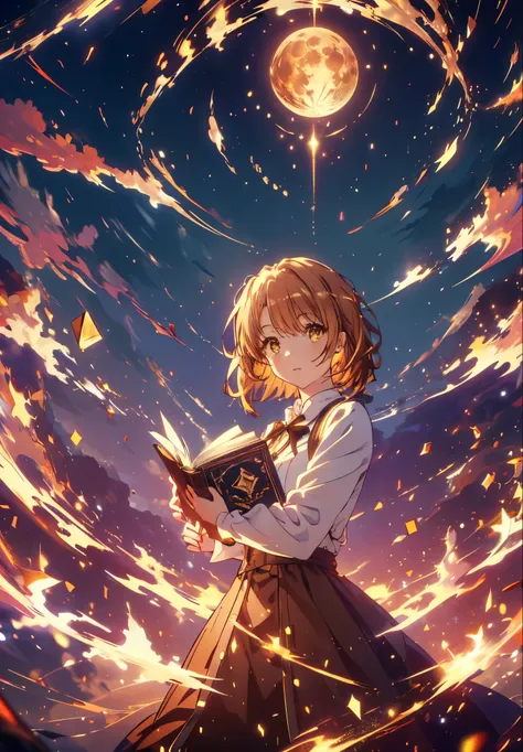 Irohaisshiki, isshiki iroha, Short Hair, Brown Hair, (Brown eyes:1.5), smile,((Night Sky)),((Big full moon)),((Sparkling and colorful stars)),Fluffy hair,((Idol style costume with soft volume)),Long skirt,Pointed shoes,Holding a magic book in his right han...