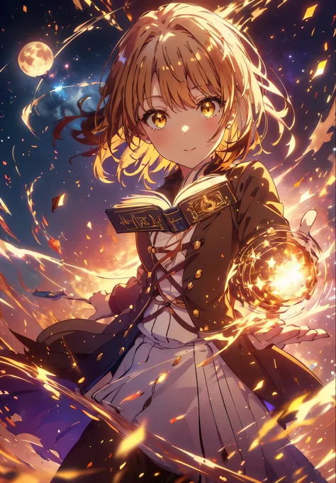 Irohaisshiki, isshiki iroha, Short Hair, Brown Hair, (Brown eyes:1.5), smile,((Night Sky)),((Big full moon)),((Sparkling and colorful stars)),Fluffy hair,((Idol style costume with soft volume)),Long skirt,Holding a magic book in his right hand,Uses magic w...
