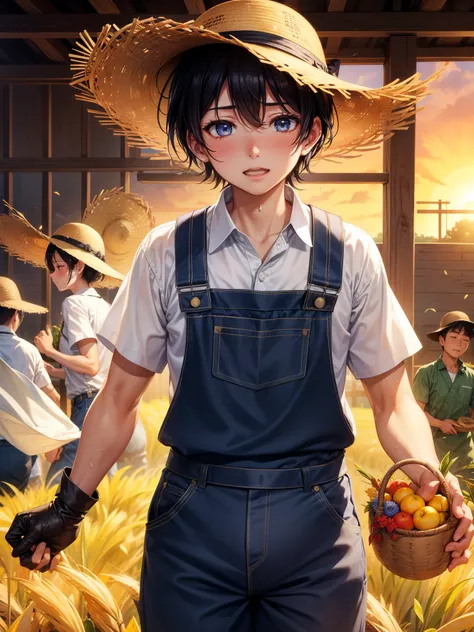 The Sun Harvest Festival begins、Farmers gather。Among them are、There is a farmer working hard, drenched in sweat.。he、Straw hat pulled down low、While blocking the sunlight、Wiping the sweat off his face。Dressed in overalls、A white towel around his neck、Wiping...