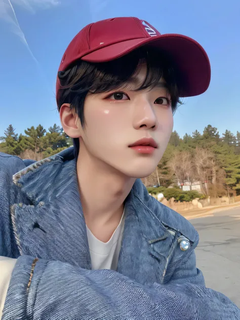 a closeup of a person wearing a hat and jacket, pale korean adorable face, profile headshot, choi chanhee from theboyz, small face and bulging cheeks