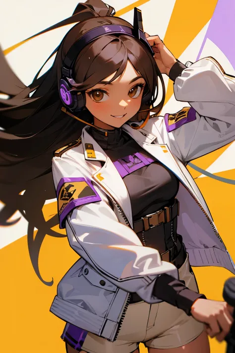 woman, long black hair, light brown skin, brown eyes, (headset mic), cohesive colors, white jacket, purple corset top with straps, brown shorts, smiling