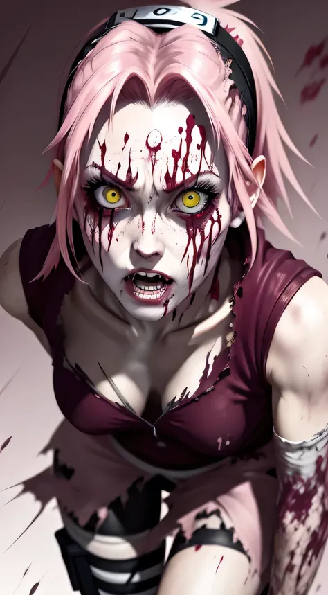 1 girl, Sakura as a zombie, spooky face, scary expression, bloody, torn garments, thigh shot up, 8 k wallpaper, best qualityer, work of art