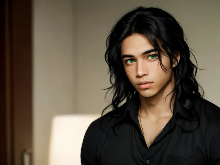 Light-skinned young man with big green eyes and long black hair a little disheveled.