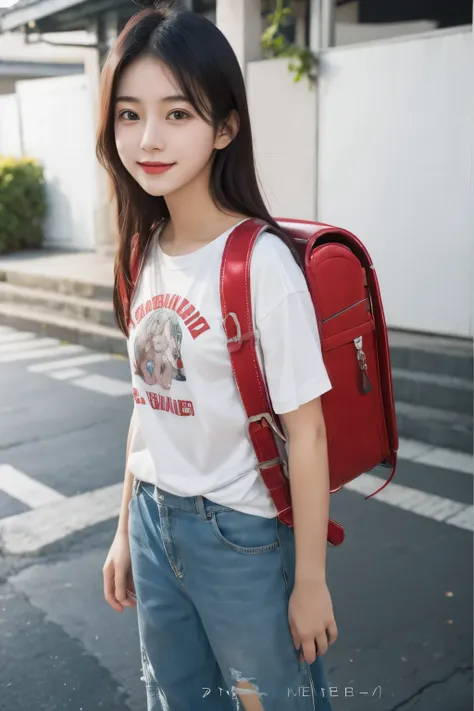 (masterpiece, best quality:1.0), a close up of a girl, with a backpack on a street, wearing strawberry backpack, with a backpack...