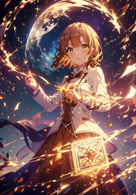 Irohaisshiki, isshiki iroha, Short Hair, Brown Hair, (Brown eyes:1.5), smile,((Night Sky)),((Big full moon)),((Sparkling and colorful stars)),Fluffy hair,((Idol style costume with soft volume)),Long skirt,Holding a magic book in his right hand,Uses magic w...