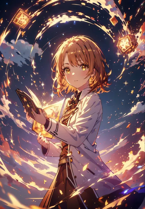 Irohaisshiki, isshiki iroha, Short Hair, Brown Hair, (Brown eyes:1.5), smile,((Night Sky)),((Big full moon)),((Sparkling and colorful stars)),Fluffy hair,((Idol style costume with soft volume)),Long skirt,Holding a magic book in his right hand,Uses magic w...