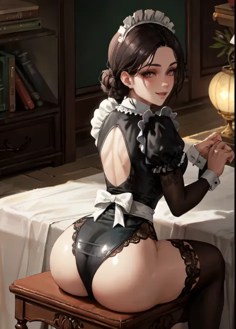 1girl, ass ,maid,victorian,shiny skin ,seductive smile,from behind,sitting,miniskirt,   (masterpiece, high quality:1.2)