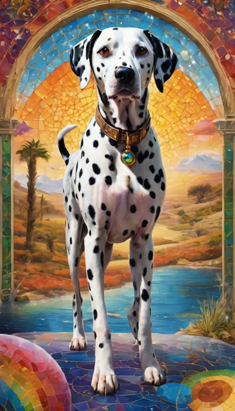 Dalmatian dog, In the center of the image , Lenormand Oracle,Beautiful line art photos，Use gold strokes and rainbow paint，Golden Maiden，Golden Ratio，Melted wax，Visible brushstrokes，Surrounded by a crystal ball，3D Mosaic Wireframe，neuroimaging，Neurons，color...